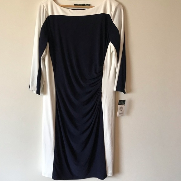 Lauren by Ralph Lauren side ruched, colour blocked, stretchy, flattering dress. - Picture 1 of 9